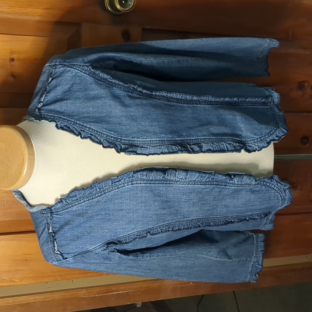 LIVE A LITTLE* cotton denim delicate ruffled feminine long sleeve hook/eye close